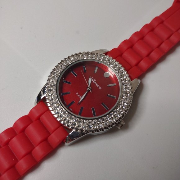 Geneva Platinum Watch With Red Rubber Band - Picture 1 of 11